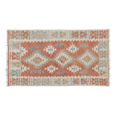 Turkish Geometric Red Kilim Rug With Pastel Color