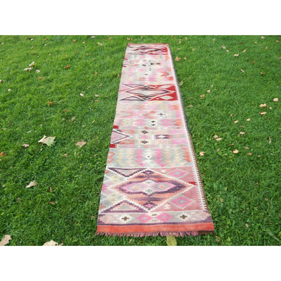 1970s Vintage Turkish Geometrical Oushak Kilim Runner 2.5 x 10.6 FT