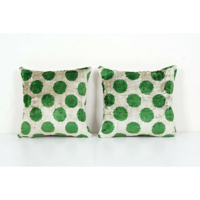 Polka Dot Green Silk Ikat Velvet Pillow - Set of Two Decorative Pillows Covers