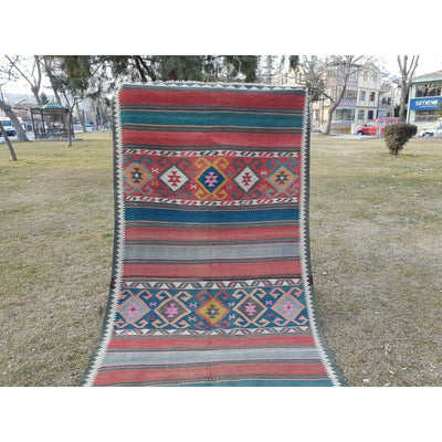 Foyer Size Vintage Handwoven Kurdish Wide Kilim Rug Runner,  5.1 X 11.4 Ft Kelim