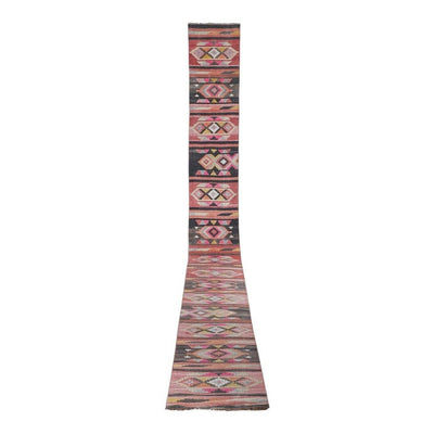 Hand-Woven Pink, Yellow, Orange and Black Color Turkish Kilim Runner Rug