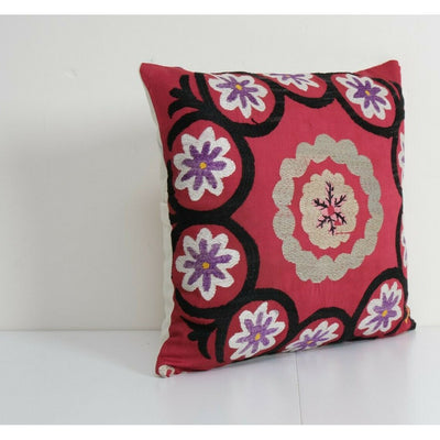 Vintage Square Suzani Cushion, Red Decorative Pillow, Ethnic 16" x 16"
