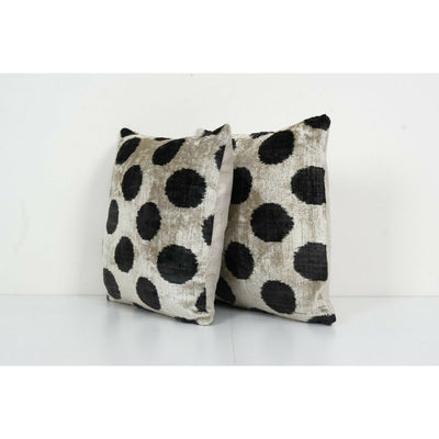 Black Silk Ikat Velvet Pillow Cover, Pair Polka Dot Ikat Square Cushion Cover