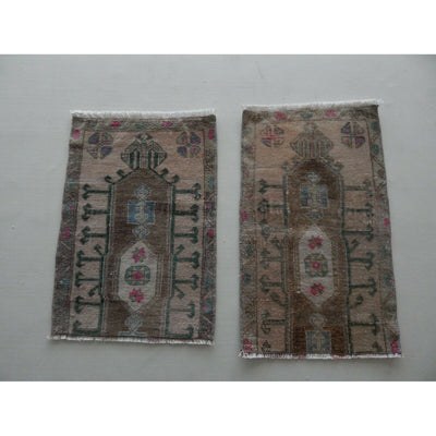 Vintage Small Wool Doormats, Set Of 2, Pair Hand Knotted Rugs, Oushak Ushak Rug
