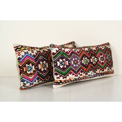 Vintage Emboridery Kilim Pillowcase Throw Rug Pillow, Set Organic Striped Lumbar