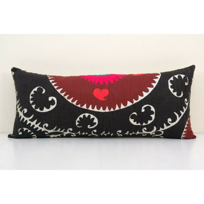 16" x 38" Long Lumbar King Bed Vintage Black Cotton Suzani Pillow Cover