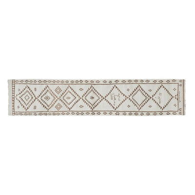 White & Brown Vintage Wool Turkish Herki Runner - Designer Carpet