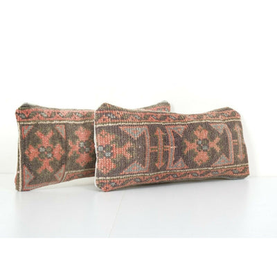 Organic Wool Muted Brown Carpet Rug Pillow, Set of Two Faded Ethnic Cushion