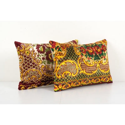 Set of Two Bohemian Lumbar Velvet Cushion Cover, Pair Yellow Velvet Vintage