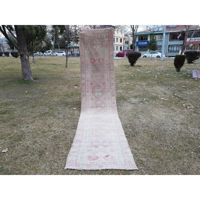 Vintage Pale Long Runner Rug Kurdish Handwoven Wool Herki Carpet 2'11'' x 13'4''
