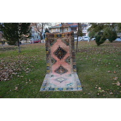 Vintage Tribal Muted Colors Caucasian Runner with Rich Border 4'5'' X 10'10''