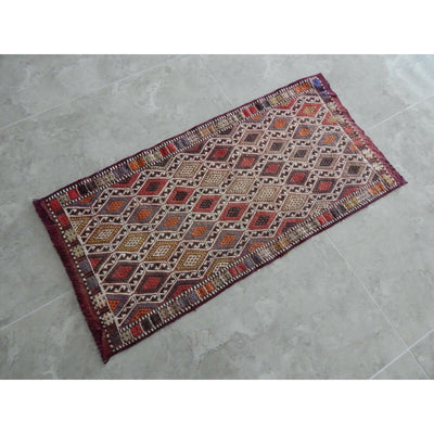 Vintage Konya Small Kilim Yastik Rug, 1.7 x 3.4 foot Handmade Cicim Embroidery