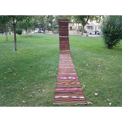 1970s Stylish Stair Kilim Runner, Red Green & Yellow Colored Corridor Kilim