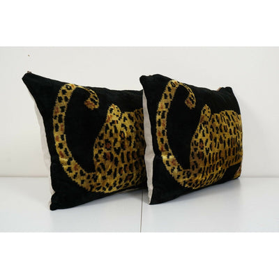 Set of Two Tiger Ikat Velvet Pillow, Pair Silk Lumbar Cushion Cover