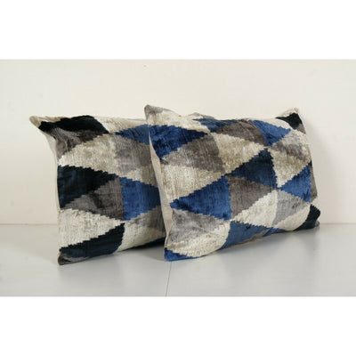 Handmade Triangle Ikat Velvet Pillow, Set of Two Blue Woven Silk Cushion