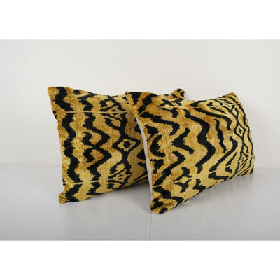 Gold Tiger Ikat Velvet Pillow, Set of Two Bengal Motifs Silk Lumbar Cushion