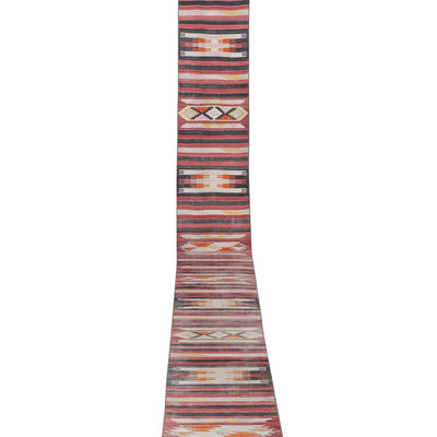 Hand-Woven Pink, Orange, Black and Yellow Color Turkish Kilim Runner Rug