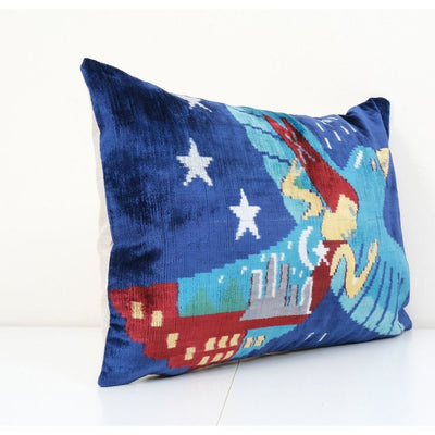 16" x 24" Turkish Human Pictorial Ikat Velvet Pillow, Silk Lumbar Cushion Cover