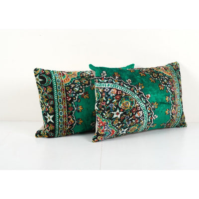 Pair Green Velvet Pillow Cover, Set of Two Floral Lumbar Cushion Cover