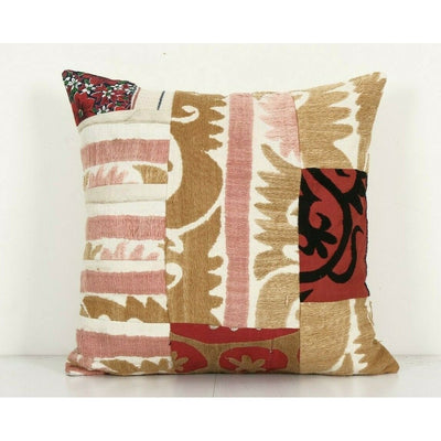 Vintage Neutral Suzani Patchwork Pillow Fashioned from a Mid-20th Century Fabric