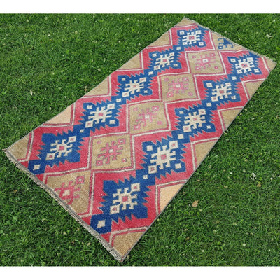 Vintage Turkish Karapinar Geometric Rug - Small Carpet Mat
