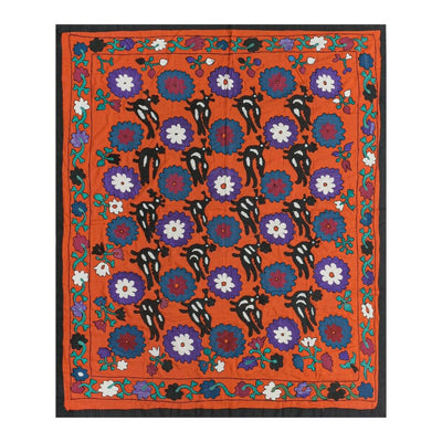 Vintage Folk Art Bird Motifs Suzani Wall Hanging Decor - Red Uzbek Embroidery