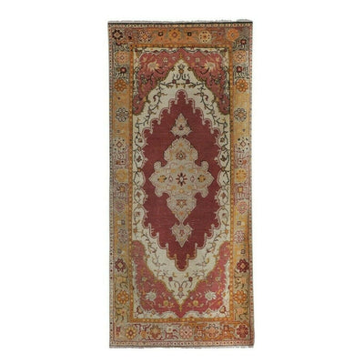 Distressed Oushak Carpet, Decorative Red and Gold Colors Rug 3'5" X 7'9"