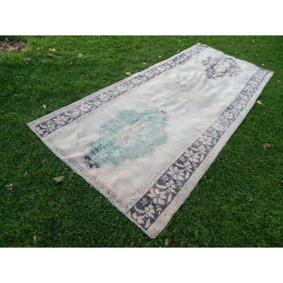 Geometric Distressed Wool Oushak Runner - Wide Hallway Rug with Muted Color