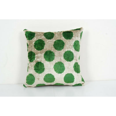 Polka Dot Green Silk Ikat Velvet Pillow - Decorative Uzbek Handloom Cover
