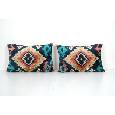 Blue Silk Ikat Velvet Pillow Cover, Soft Lumbar Uzbek Pillowcase - A Pair