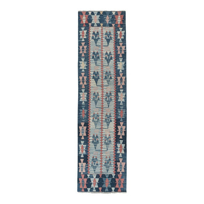 Vintage Wool Pink and Blue Turkish Kilim Rug Runner 2'6'' x 7'4''