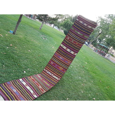 1970s Stylish Stair Kilim Runner, Red Green & Yellow Colored Corridor Kilim