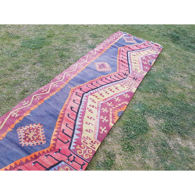 11 Foot Vintage Orange Green & Red Color Handmade Turkish Hall Kilim Rug Runner