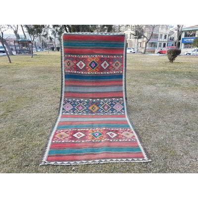 Foyer Size Vintage Handwoven Kurdish Wide Kilim Rug Runner,  5.1 X 11.4 Ft Kelim