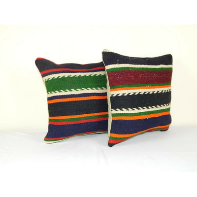 Pair Vintage Turkish Kilim Pillow 16"x16"