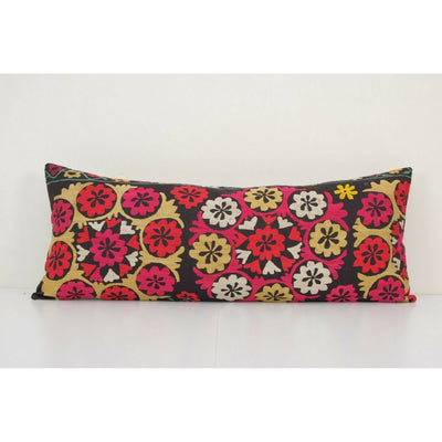 16" x 40" Vintage Ethnic Suzani Lumbar Pillow, Tribal Turkish Cushion