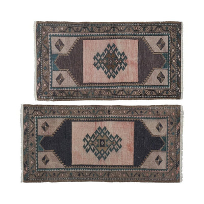 Hand Knotted Turkish Small Rug Mat Distressed Rug - Set of Two