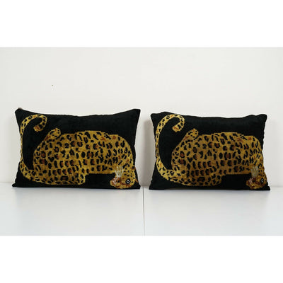 Set of Two Tiger Ikat Velvet Pillow, Pair Silk Lumbar Cushion Cover