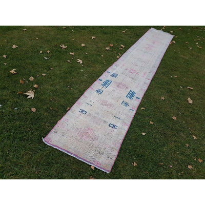 Vintage Hand Knotted Muted Pink Color Turkish Oushak Runner 2'4" X 15'1"