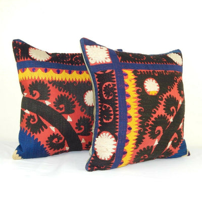 Suzani Embroidered Pillows - a Pair 18" X 18", Bohemian Kilim Pillow