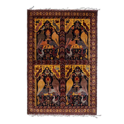 1970s Vintage Bohemian Botanical Animal Handmade Wool Rug 6'8" X 9'11"