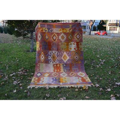 Vintage Pink Blue Turkish Kilim Rug - Designer Wool Carpet 5'10" X 8'6"