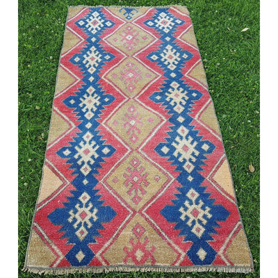 Vintage Turkish Karapinar Geometric Rug - Small Carpet Mat