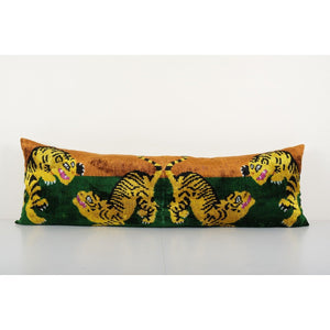 Fighting Tiger Ikat Velvet Pillow, Handwoven Silk Velvet Extra Long Lumbar
