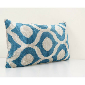 14" x 28" Ikat Blue Polka Dot Pillow Pillow Cover - Silk Ethnic Velvet Pillow