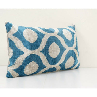 14" x 28" Ikat Blue Polka Dot Pillow Pillow Cover - Silk Ethnic Velvet Pillow