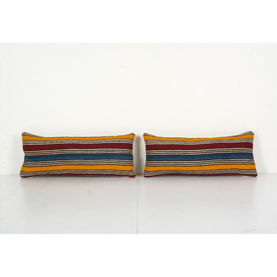 Set of Two Striped Turkish Kilim Pillow, Pair Yellow Handwoven Kilim Pillow