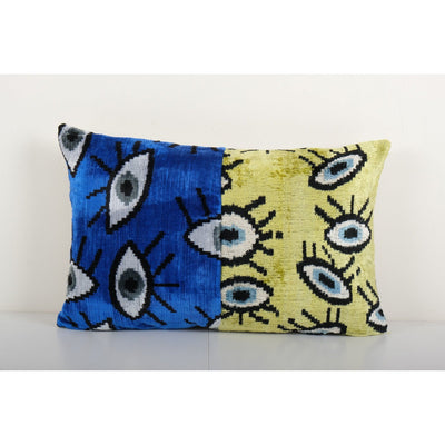 Handmade Patchwork Eye Ikat Velvet Pillow, Silk Lumbar Designer Pillowcase