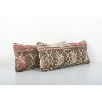 Set of Two Anatolian Carpet Rug Pillow, Pair Lumbar Pillow Cover, Ethnic Handmade Lumbar Cover, Vintage Carpet Soft Wool Pillow 10'' x 19''