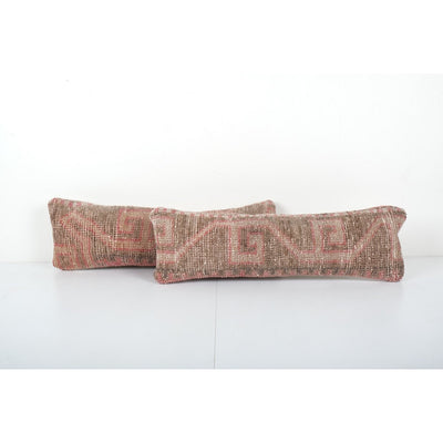 Pair Vintage Turkish Rug Pillow, Handmade Wool Pillow, Matching Carpet Lumbar Cushion Cover 8'' x 24''